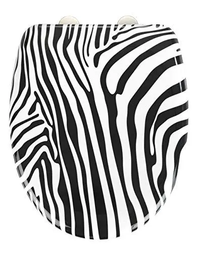 Produktbild: WENKO WC-Sitz Wild, hygienischer Toilettendeckel mit Absenkautomatik, Toilettensitz aus bruchsicherem, antibakteriellem Duroplast, Schnellbefestigung aus rostfreiem Edelstahl, 38 x 45 cm, Zebra-Muster