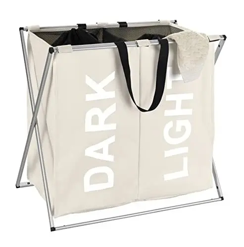 Produktbild: WENKO Wäschesammler Duo Beige, stabiler Wäschekorb mit Deckel und praktischen Tragegriffen, viel Stauraum mit 120 l und zwei Fächern, (B x H x T): 59 x 57 x 38 cm, moderne Aufschriften 