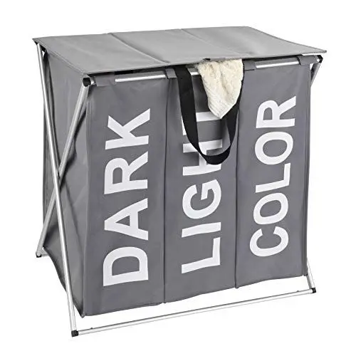 Produktbild: WENKO Wäschesammler Trio Top, Wäschekorb 3 Fächer mit Deckel und Tragegriffen, 118 Liter Volumen, (B x H x T): 57 x 57 x 38 cm, Grau