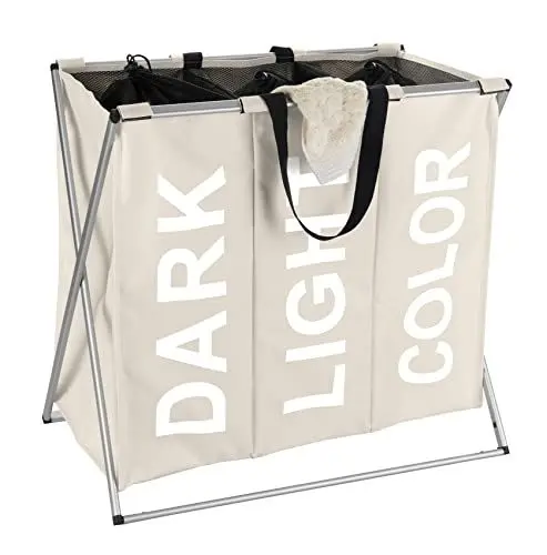 Produktbild: WENKO Wäschesammler Trio, Wäschekorb 3 Fächer, mit Tragegriffen, Aluminium-Gestell, faltbar, 130 Liter Volumen, (B x H x T): 63 x 57 x 38 cm, Beige