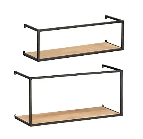 Produktbild: WENKO Wandregal Geo, 2er Set, Ablage für Einmachgläser aus Metall & Kiefernholz, stilvolle Aufbewahrung im Industrial-Design für den gesamten Haushalt, 55 x 25 x 20 cm & 55 x 16 x 15 cm, Schwarz/Braun