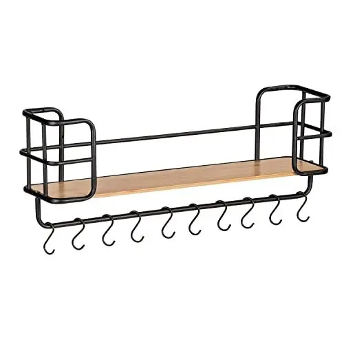 Produktbild: WENKO Wandregal Loft, modernes Regal mit nachhaltigem Bambusboden & stabilem Stahlrohr-Rahmen, Cooles Industrial Design für Küche, Bad und Co. mit 10 S-Haken, 79 x 28 x 19,5 cm, Schwarz matt/Natur
