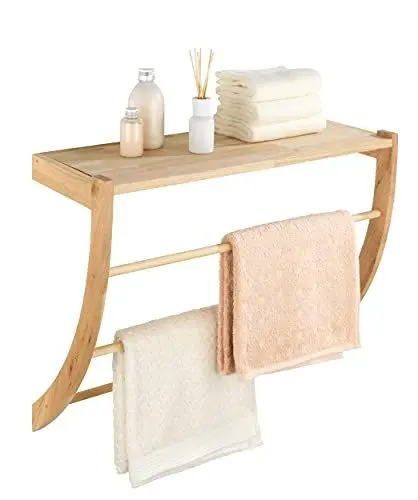 Produktbild: WENKO Wandregal Norway, hochwertiges Regal mit Ablage und 3 Handtuchstangen für Handtücher & Kleidung etc. in Bad, Küche und Wohnzimmer im Scandi-Style, aus massivem Walnussholz geölt, 60 x 50 x 25 cm