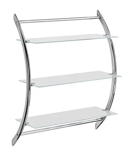 Produktbild: WENKO Wandregal Vermont, Badezimmerregal mit 3 Ablagen aus satiniertem Glas zum Abstellen von Kosmetik- und Badutensilien, Gebogene Form, gefertigt aus Sicherheitsglas und Chrom, 57 x 71 x 22 cm