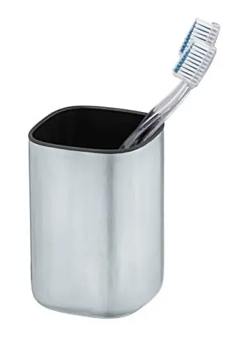 Produktbild: WENKO Zahnputzbecher Alassio, Zahnbürstenhalter für Bad und Gäste-WC, Becher für Zahnbürste, Zahnpasta, etc. aus hochwertigem, satiniertem Edelstahl, innen Schwarz, 7,8 x 11,5 x 7,8 cm, Silber matt