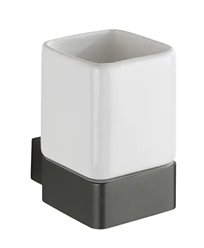 Produktbild: WENKO Zahnputzbecher Montella, aus Keramik, Halter aus Aluminium, inkl. Schrauben & Dübel, 7,3x10,4x10,2 cm, Weiß