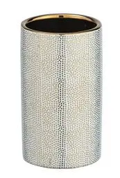 Produktbild: WENKO Zahnputzbecher Nuria, hochwertiger Zahnbürstenhalter für Zahnbürste und Zahnpasta aus edler Keramik mit luxuriös-strukturierter Oberfläche in Gold/Weiß, Ø 6,5 x 10,7 cm