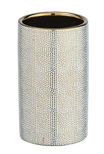 Produktbild: WENKO Zahnputzbecher Nuria, hochwertiger Zahnbürstenhalter für Zahnbürste und Zahnpasta aus edler Keramik mit luxuriös-strukturierter Oberfläche in Gold/Weiß, Ø 6,5 x 10,7 cm