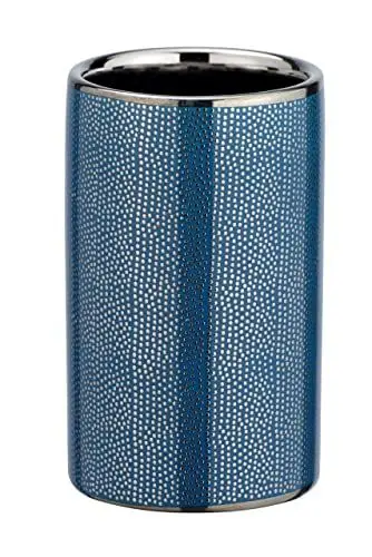 Produktbild: WENKO Zahnputzbecher Nuria, hochwertiger Zahnbürstenhalter für Zahnbürste und Zahnpasta aus edler Keramik mit luxuriös-strukturierter Oberfläche in Silber/Blau, Ø 6,5 x 10,7 cm