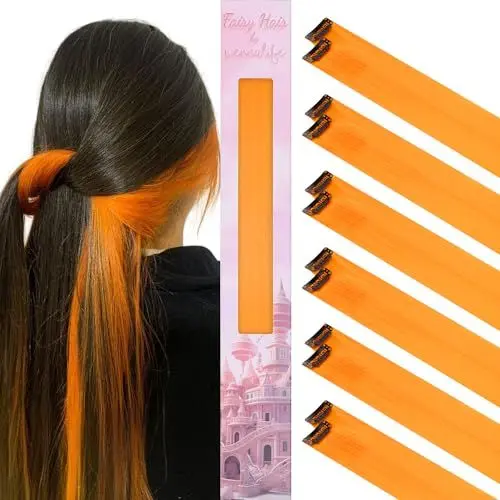Produktbild: WENNALIFE 12 Stück Orange Haarsträhnen Zum Einklipsen Haarsträhnen Kinder, Clip in Haar Extensions Bunte Haarsträhnen Kinder Haare zum Einflechten Mädchen Gerade Party Haarverlängerungen Zubehör