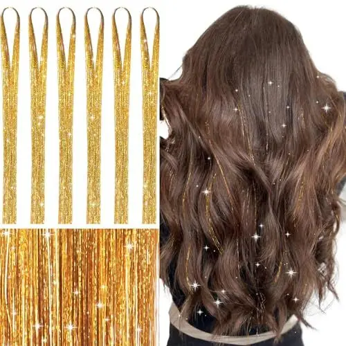 Produktbild: WENNALIFE Hair Tinsel, Gold 120CM Haar Lametta 1200 Glitzer Haarsträhnen Kit Glitzersträhnen für Haare Festival Party Haar Glitzer Tinsel Hair Fairy Hair für Mädchen