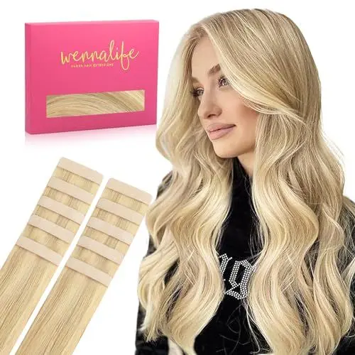 Produktbild: WENNALIFE Tape Extensions Echthaar, 40cm 25g 10 Stück Invisible Tape in Extensions Echthaar, Echthaar Extensions Tape, Remy Gerade Haarverlängerung Echthaar #16/22 Hellblond Highlights Goldblond