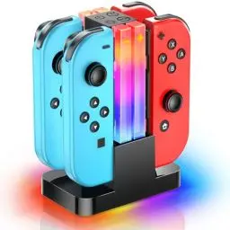 Produktbild: Wenocally Switch-Controller-Ladestation, kompatibel mit Nintendo Switch für Joy-Con und OLED-Modell-Controller mit 6 RGB-Lichtmodi und Timerfunktion, Switch-Ladestationsständer mit Typ-C-Kabel