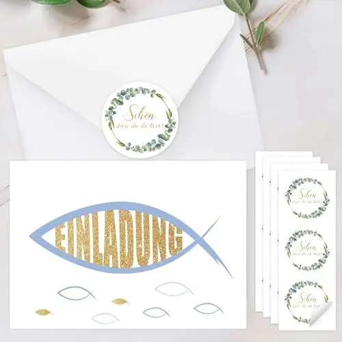 Produktbild: Wentsent 12x Einladungskarten Kommunion mit 12x Umschlag Einladungskarten Taufe Kommunion Konfirmation Einladung Firmung für Jungen und Mädchen, Fisch Sakrament Dekoration