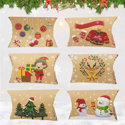 Produktbild: Wentsent 24 Stück Weihnachten Geschenkbox Kraftpapier Kissenschachteln Süßigkeiten Box Keksschachtel Pralinenschachtel Schachtel für Weihnachten Geschenk Weihnachtsdeko