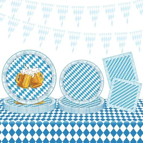 Produktbild: Wentsent 80Stück Oktoberfest Tischdeko Set, 40 Bayrische Servietten+ 40 Bayernraute Teller, Oktoberfestdeko München Bayernraute Bayerische Party Tisch Dekoration