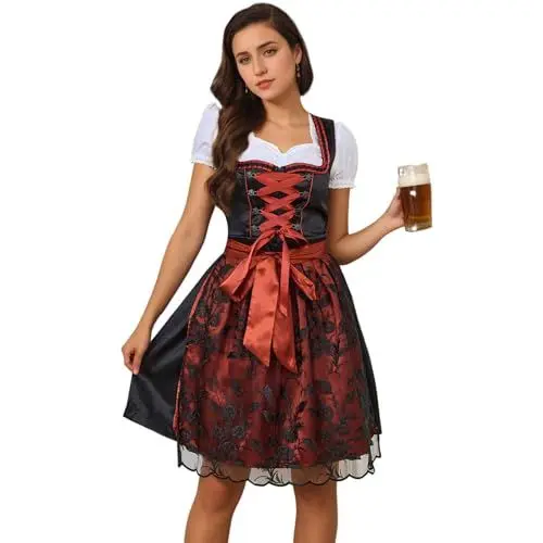 Produktbild: Wentsent Dirndl Damen Midi Trachtenkleid Damen Dirndlkleid mit Spitze Trachtenmode inkl. Dirndlschürze für Oktoberfest Karneval Besondere Anlässe