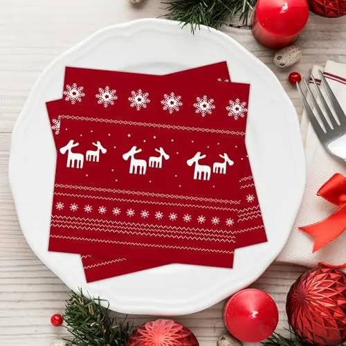 Produktbild: Wentsent Weihnachten Servietten Rot, 100Stück Weihnachtsservietten mit Rentier Schneeflocken Motiv, Weihnachtliche Tischdeko,Winter Paper Napkins, Einweg Papierservietten für Dinnerpartys Weihnachten