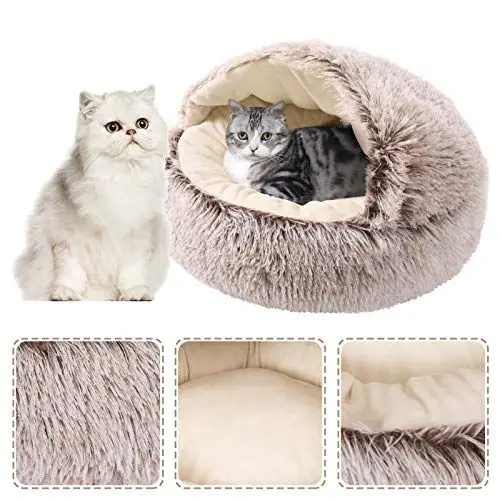 Produktbild: wenyujh Katzenhöhlen Katzenbett bequem Haustierbett Schlafsack Katzenkorb Weich Tierbett 2 in 1 Faltbar Kuschelhöhle Katzenschlafsack für Hund Katzen Haustier (40×40×16, Khaki)
