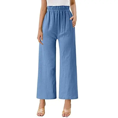 Produktbild: WENZHOU Baumwolle Leinenhose Damen 7/8: Sommerhosen Damen Leicht Strandhose High Waist Stoffhose Bootcut Yogahose Loose Einfarbig-Freizeithose-Jogginghose-Haremshose Mit Taschen - Sommerhose