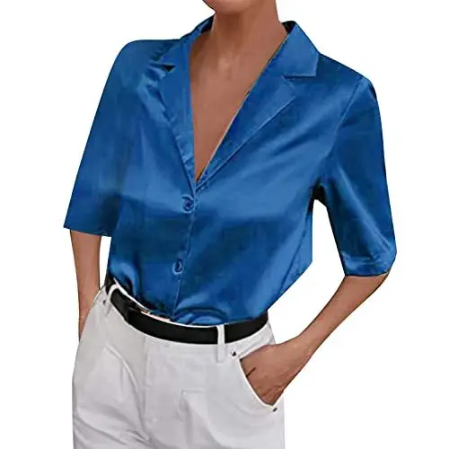 Produktbild: WENZHOU Bluse Damen Elegant Chiffon V-Ausschnitt Kurzarm Formelle Hemden Tunika Bluse mit Knöpfen Casual Oberteile Hemd Lose Langarmshirt Tops Satin Hemd Damen lang Satinhemd für Damen