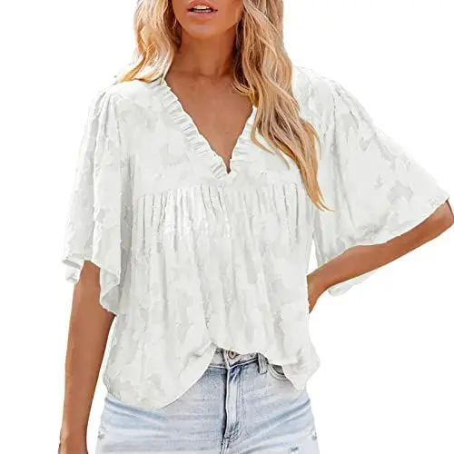 Produktbild: WENZHOU Chiffonbluse Damen Chiffon Blumen Hohle Halbarm Puppenhemd Frauen Sommer Bluse Elegant Kurzarm Mit V-Ausschnitt Frauen Hemd Oversized Tshirt Basic Einfarbig Shirts Tops