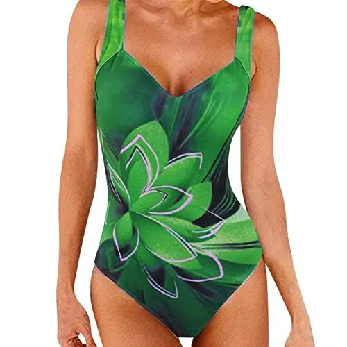 Produktbild: WENZHOU Damen Badeanzug V Ausschnitt Triangel Monokini Ringen Bauchweg Raffung Einteilige Bademode Swimsuit Damen Bauchweg Badeanzug Einteilig Figurformend Schlankheits Bademode Blau Grün #0505