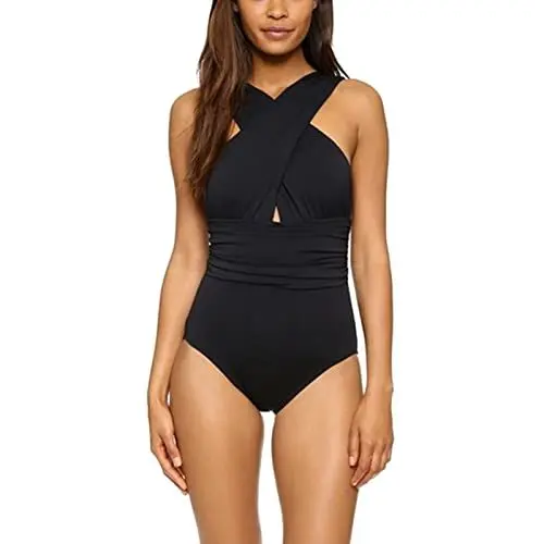 Produktbild: WENZHOU Push Up Damen Badeanzug Wickel Push Up Bademode Raffung Bauchweg Cut Out Einteilige Strandmode Swimsuit Frauen mit V-Ausschnitt Badeanzug Striped Twist Halter Badeanzug #0505
