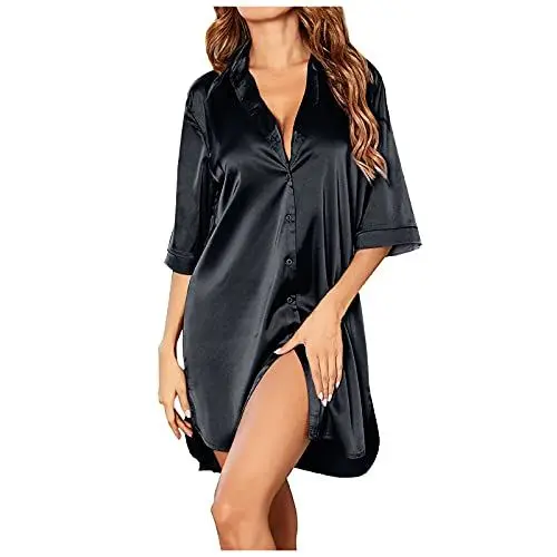 Produktbild: WENZHOU Satin Nachthemd Damen Kurzarm Schlafshirt Knopfleiste Nachtwäsche Negligees Schlafhemd T-Shirt Nachtkleid Damen Satin Negligee Sexy Nachthemd V-Ausschnitt Sleepshirt