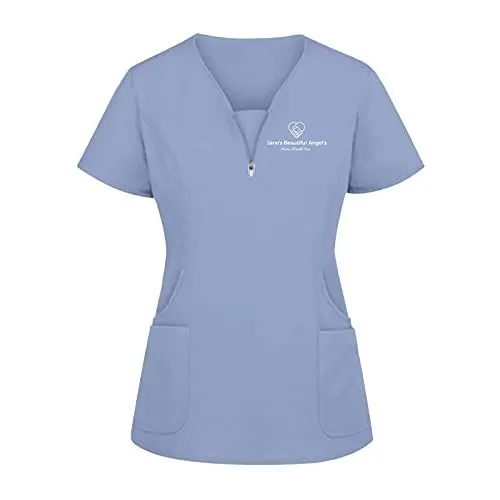 Produktbild: WENZHOU Schlupfkasack Kasack für Damen Krankenpflege Kurzarm V-Ausschnitt T-Shirts Brief Drucken Bluse Pflege Berufskleidung Nurse Schlupfhemd Uniform mit Reißverschluss Bluse