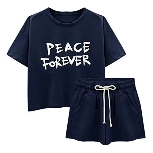 Produktbild: WENZHOU Sommer Kurzarm Top Shorts Set für Damen Casual Freizeitanzug Rundhals Einfarbig Lose Sportbekleidung Zweiteiler Briefdruck Jogginganzug Outfits Kleidung Streetwear Sportanzug Traingsanzug