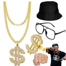 Produktbild: Weploda 4 Stück 90er jahre outfit herren goldkette herren, Halskette Schlager Outfit Herren, Dollar Kette Dollarzeichen Ring, Halskette Party Outfit Herren, Schlagermove Kostüm, Hip Hop Kostüm Set