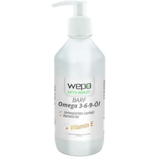 Produktbild: WEPO 3-6-9 Barf Hunde-Öl 500ml - Premium Barföl Hund Omega 3 6 9-100% natürlich & hochdosiert, Fell- Haut- Haar-Öl (500ml + Pumpdosierer)