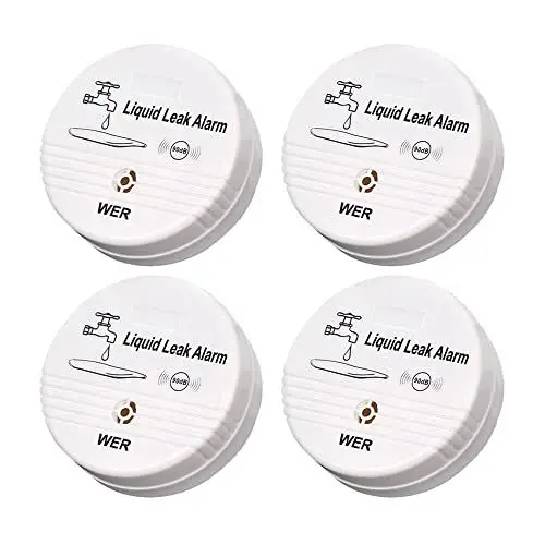 Produktbild: WER Wasserleck-Alarmsensor, Batteriebetriebener Leckalarm, 90dB Wasserdetektor Für Keller, Badezimmer, Waschküchen, Küchen, Garagen Und Öffentliche Wasserbereiche (Lieferung Ohne Batterie, 4 Stück)