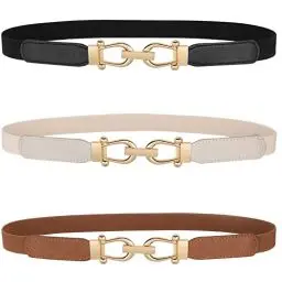 Produktbild: WERFORU 3 Stück Frauen Dünner elastischer Gürtel für Kleider,Dünne Retro Stretch Taille Gürtel mit goldener Schnalle