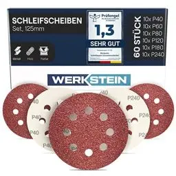 Produktbild: WERKSTEIN 60 Stück Schleifpapier 125mm Klett - Je 10x P40/60/80/120/180/240 Exzenterschleifer 125mm Schleifpapier, 8 Löcher - Schleifscheiben Klett für Metall, Holz uvm.