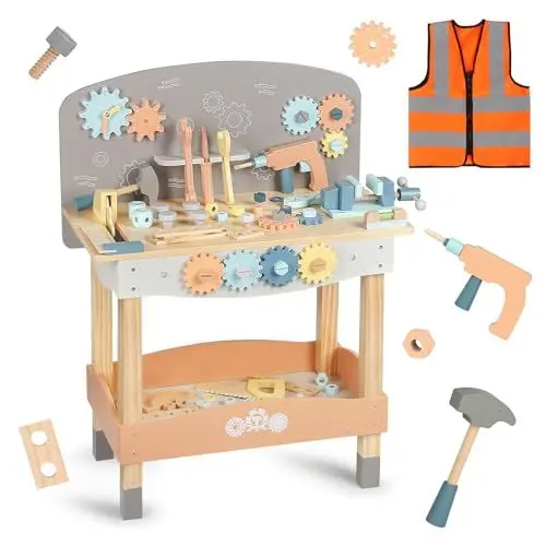 Produktbild: Werkbank Kinder Set, Kinderwerkbank Holzspielzeug mit Bauarbeiter Kostüm Set, Little Dutch, Spielzeug ab 3 Jahre, Spielzeug Geschenke für Alter 3-6 Jungen Mädchen 60 * 31 * 76