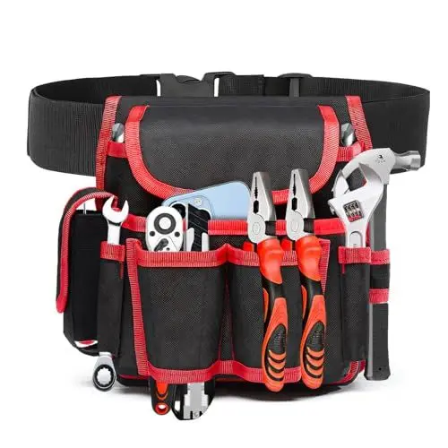 Produktbild: Werkzeuggürtel, Werkzeugtasche Gürtel Kleine, Multifunktionale Werkzeug Gürteltasche für Handwerker, Oxford Stoff Professionelle Wasserdicht Werkzeugtasche Gürteltasche für Dachdecker und Gärtner Rot
