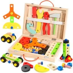 Produktbild: TONZE Werkzeugkoffer Kinder Spielzeug ab 3 Jahre- Holzspielzeug Montessori Spielzeug Kinderspielzeug ab 2 3 4 5 6 Jahre Werkzeugkasten Werkzeug Kinder Kinder Mädchen Junge, Licht Farbe