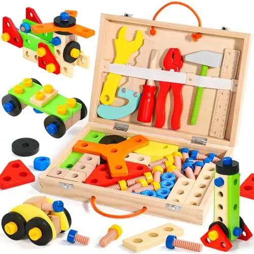 Produktbild: Rtomry Spielzeug ab 3 Jahre Werkzeugkoffer Kinder Montessori Spielzeug ab 3 Jahre Junge Mädchen Holzspielzeug Role Play Werkzeugkasten Geschenke für Kinder