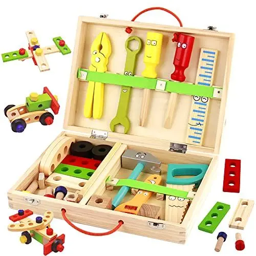 Produktbild: Werkzeugkoffer Kinder Spielzeug ab 3 Jahre Junge Mädchen Holzspielzeug Werkzeugkasten,Kinderwerkzeug Lernspielzeug Werkzeug Koffer Kinder Weihnachten Geschenk Kinderspielzeug Spiele ab 2 3 4 5 Jahren