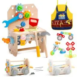 Produktbild: Werkzeugkoffer Kinder Werkbank Spielzeug ab 2 Jahre, Kinderwerkzeug Holzwerkzeug Montessori Spielzeug ab 2 3 4 Jahre Junge Mädchen, 3 in 1 Werkzeug Kinder Lernspiele Geschenk Junge 2+ Jahre(52 Stück)