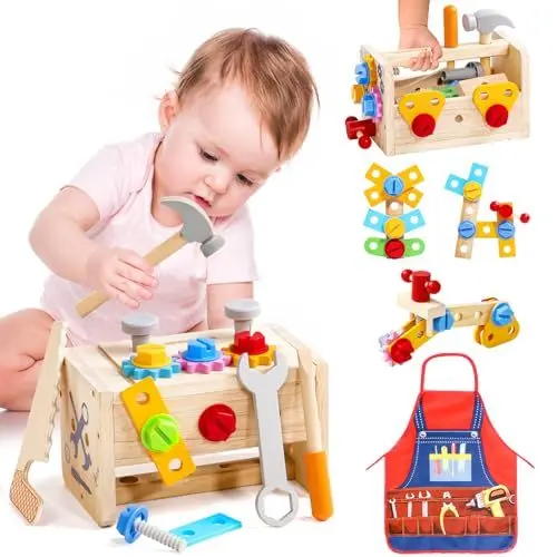Produktbild: Werkzeugkoffer Kinder Werkbank mit Schürze Kinderwerkzeug Montessori Spielzeug ab 2 3 4 Jahre Holzspielzeug Kinderspielzeug Werkzeugkasten Werkzeug Kinder Lernspiele Geschenk 2 3 4 Jahre Junge Mädchen