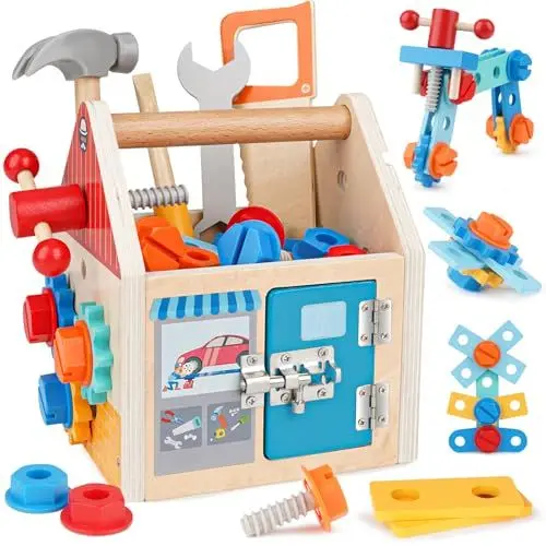 Produktbild: Werkzeugkoffer Kinder Werkzeug Holzspielzeug Spielzeug ab 3 Jahre Kinderwerkzeug Montessori Spielzeug Werkzeugkoffer Geschenk Junge Mädchen 3 4 5 Jahre