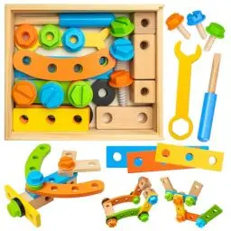 Produktbild: Werkzeugkoffer für Kinder, Commodum Werkzeugkasten aus Holz, Holzspielzeug Kinderwerkzeug ab 2 3 4 Jahre, Montessori Spielzeug, Lernspiel, Rollenspiel, Geburtstagsgeschenk Junge Mädchen 2 3 4 Jahre