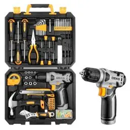 Produktbild: Werkzeugkoffer gefüllt DEKO 126-teilig mit 8V Akku-Schrauber/Bohrschrauber, professionelles Werkzeug-Set für Heimwerker & Handwerker, kompakter Koffer mit Zubehör, Grau