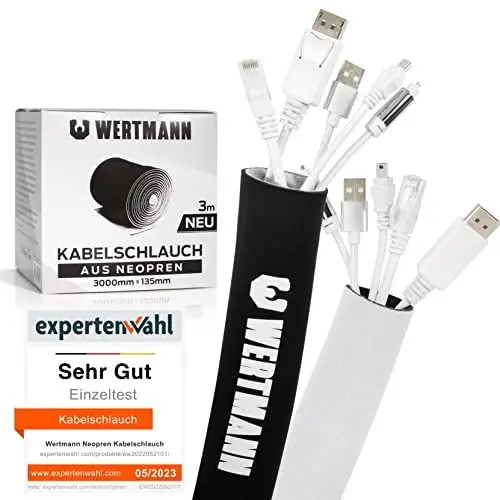 Produktbild: Wertmann Neopren Kabelschlauch (3m) für TV oder PC Kabelmanagement Schreibtisch - Einstellbarer Durchmesser - als Flexibler Kabelkanal Schreibtisch oder als Kabelschutz Katze in schwarz oder weiß