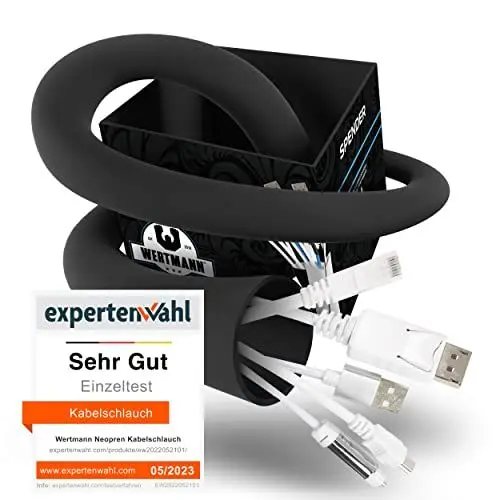 Produktbild: Wertmann Neopren Kabelschlauch schwarz (3m) Cable Management für TV oder PC Kabelmanagement Schreibtisch - Einstellbarer Durchmesser - als Flexibler Kabelkanal schwarz oder als Kabelschutz Hund
