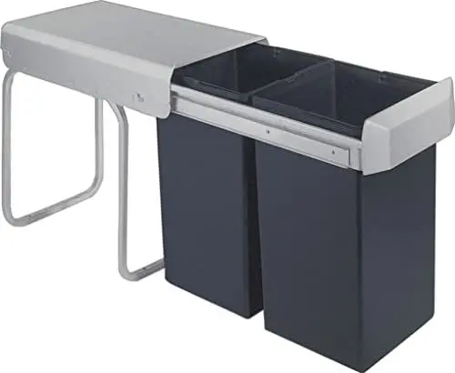 Produktbild: WESCO Double-Boy Einbau-Abfallsammler aus Kunststoff in der Farbe Anthrazit zum Ausziehen mit 2 herausnehmbaren 15 Liter Abfalleimer, 755611-11, Anthrazit-Schwarz