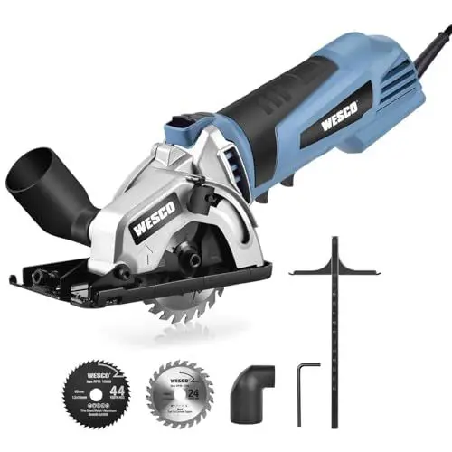 Produktbild: WESCO Mini Handkreissäge, 500W Kreissäge, 5100RPM, Max Schnitttiefe 27mm/90°, Handkreissäge mit Führungsschiene, 2 Sägeblättern 24T/44T Ø85mm für Holzarbeiten